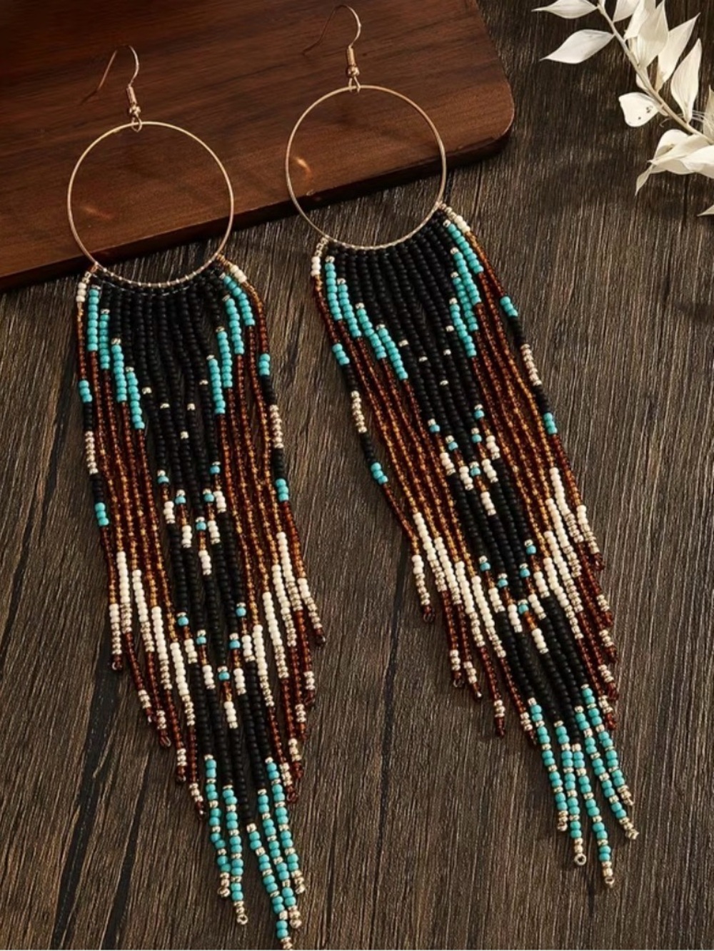 Bohemian Turquoise & Brown Beaded Fringe Hoop Earrings